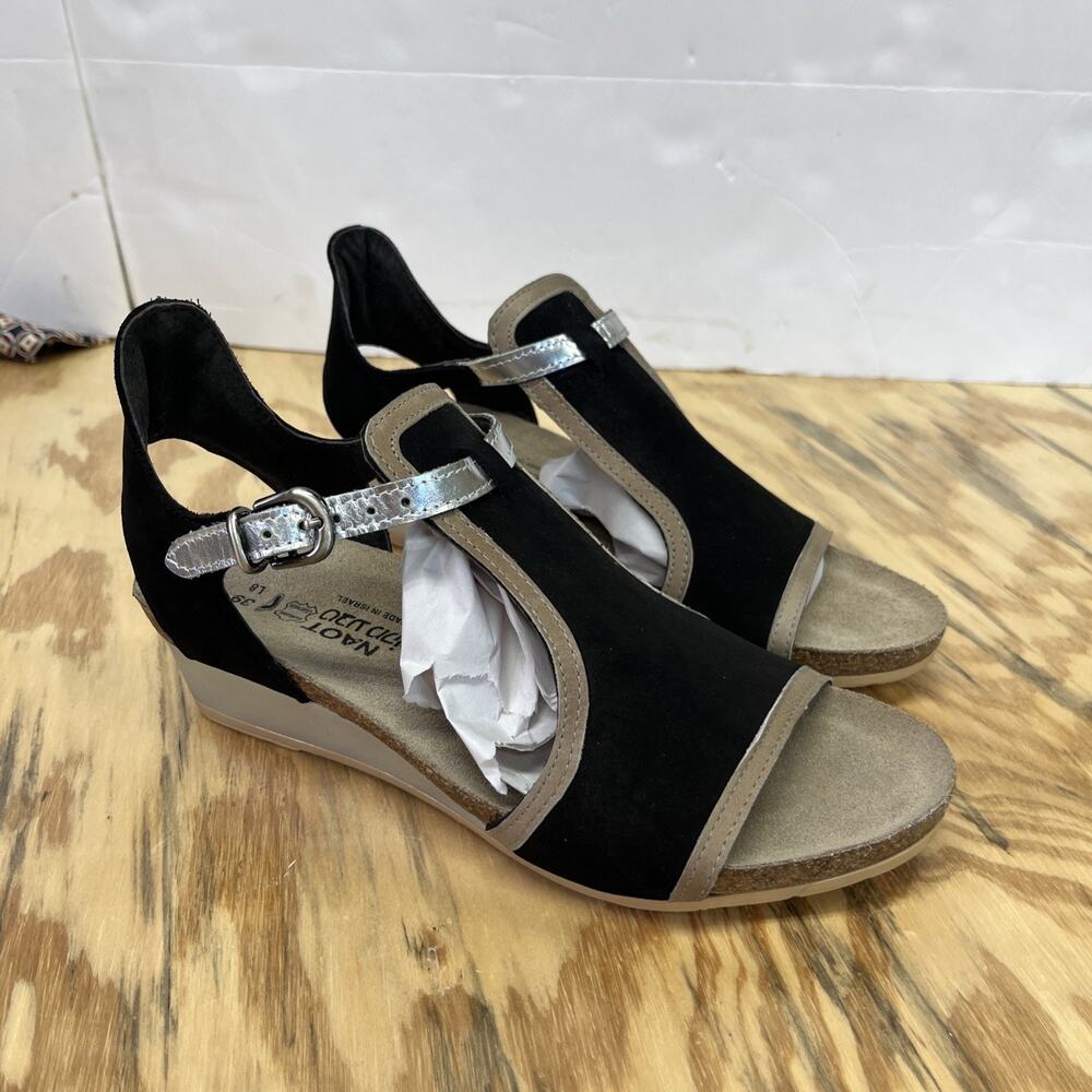 NAOT Fiona Sandals Womens Sz EU 39 / 8 Black Silver Suede Wedge Classic